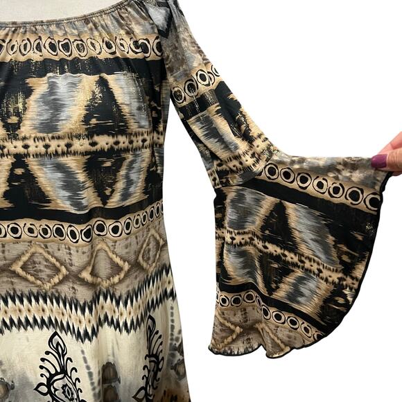 Parker Mini Dress XS Black Gray Tan Gold Abstract Stretch Bell Sleeve Boho Chic - Picture 5 of 14